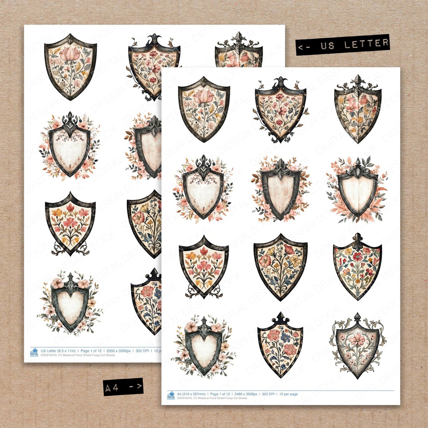 DDD010410_FC Medieval Floral Shield Fussy Cut Sheets