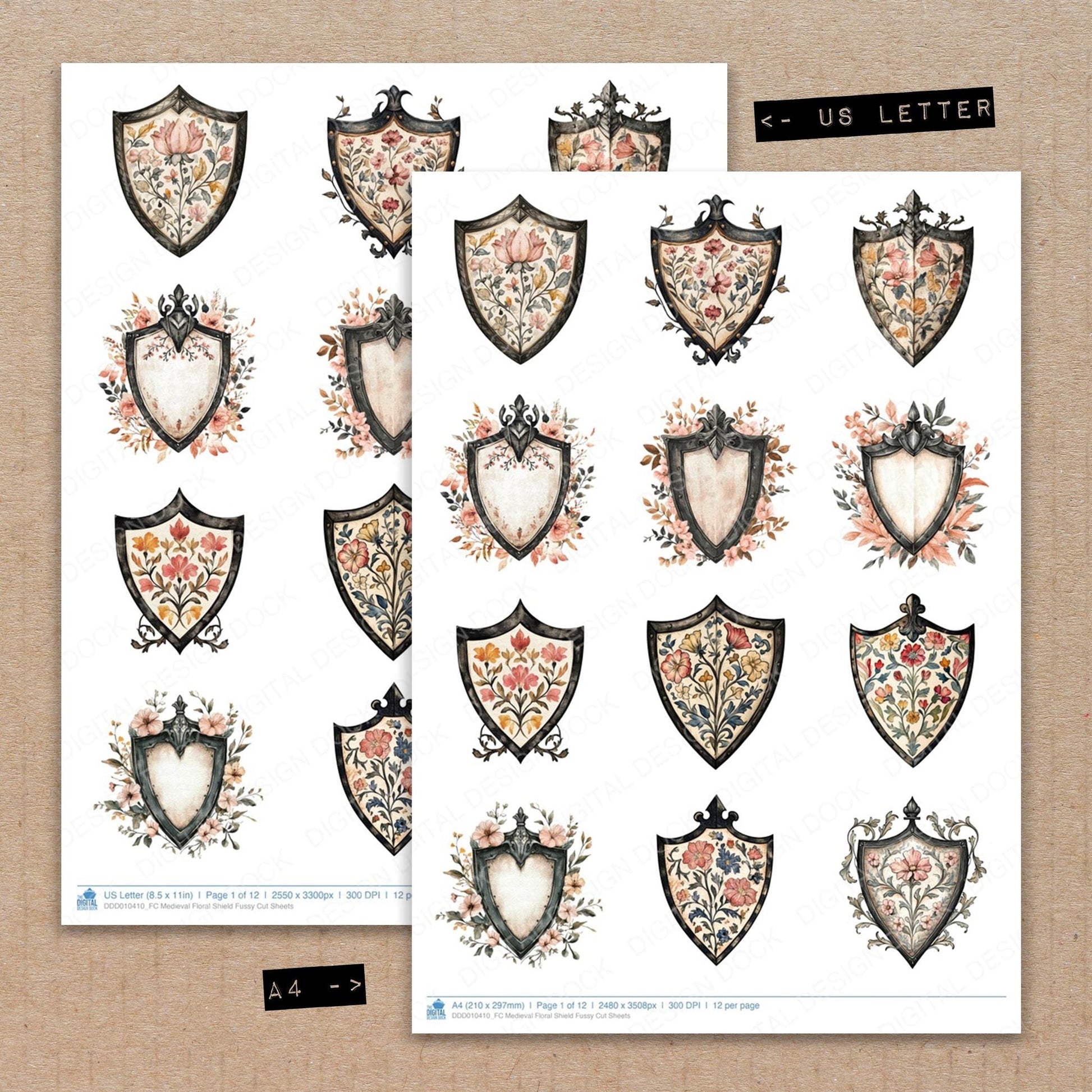 DDD010410_FC Medieval Floral Shield Fussy Cut Sheets