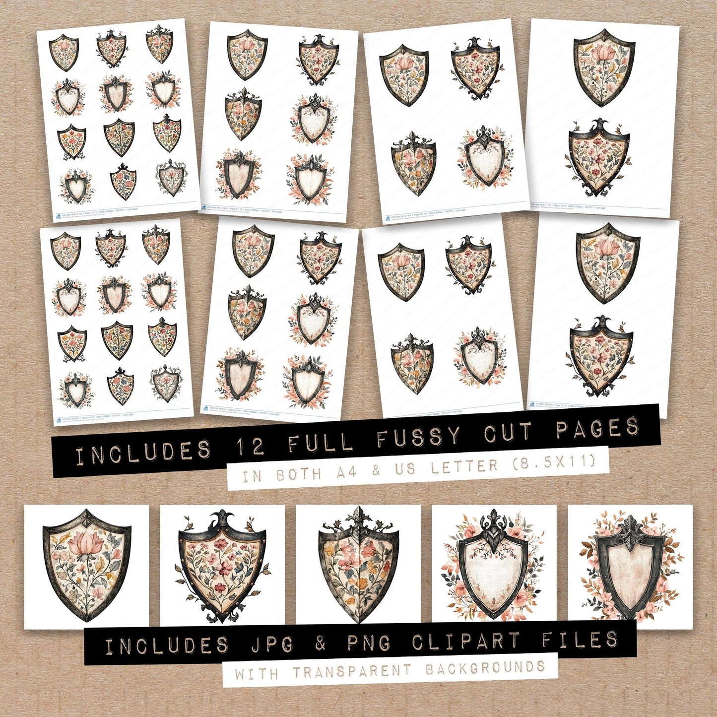 DDD010410_FC Medieval Floral Shield Fussy Cut Sheets