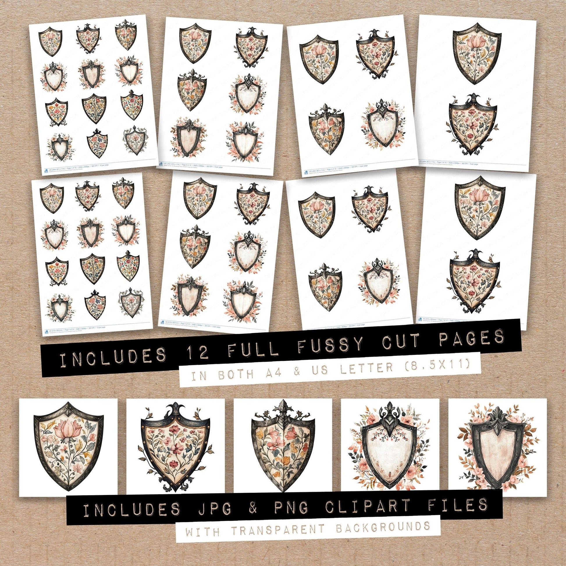 DDD010410_FC Medieval Floral Shield Fussy Cut Sheets