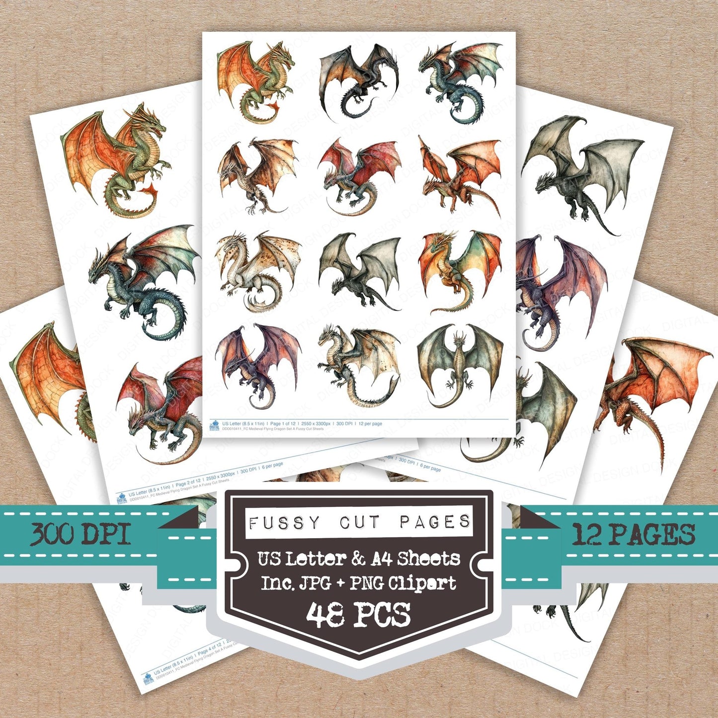 DDD010411_FC Medieval Flying Dragon Set A Fussy Cut Sheets