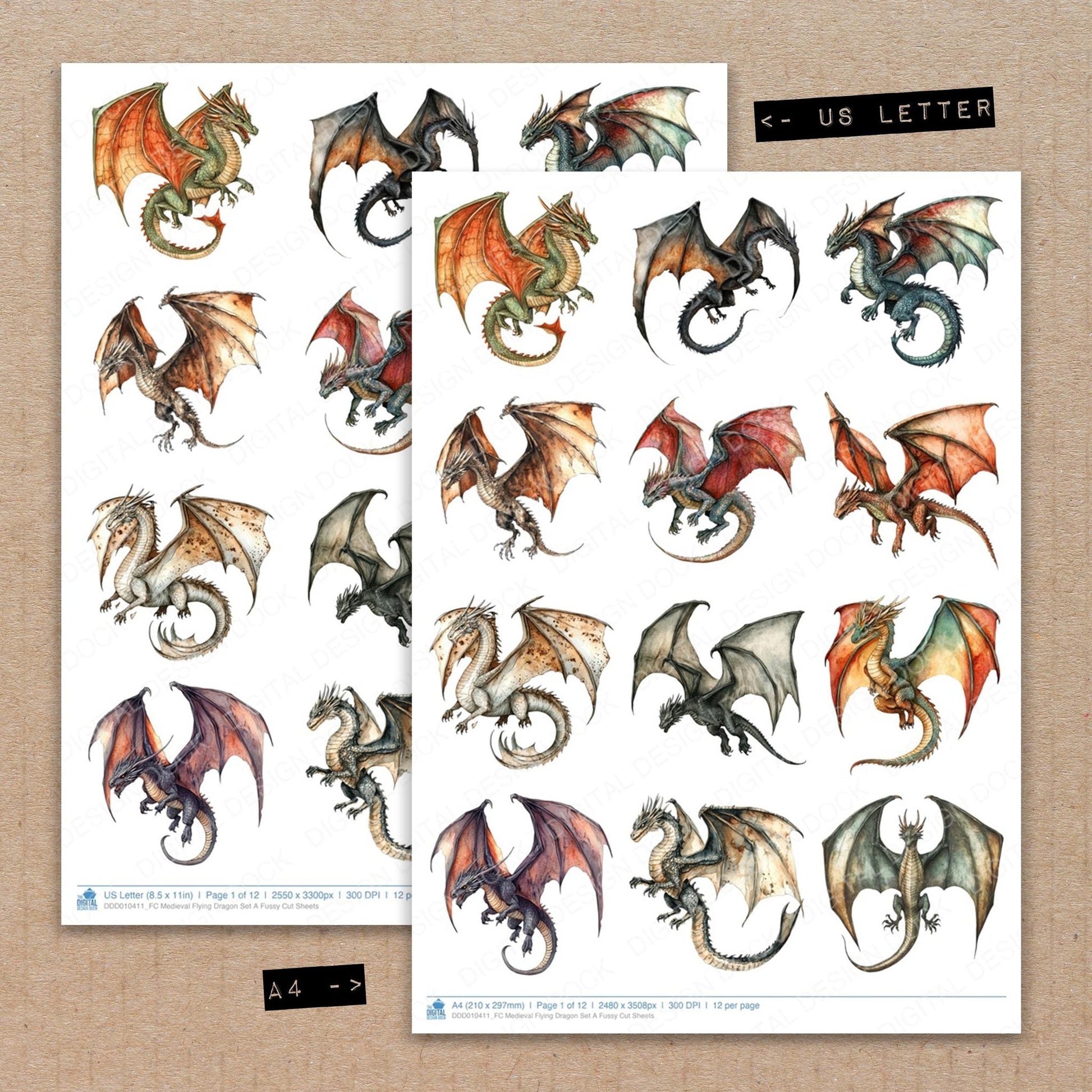 DDD010411_FC Medieval Flying Dragon Set A Fussy Cut Sheets