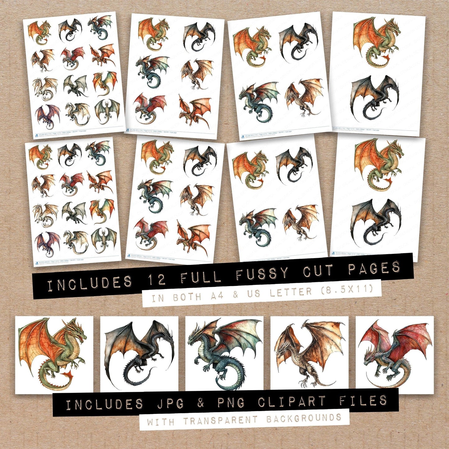 DDD010411_FC Medieval Flying Dragon Set A Fussy Cut Sheets