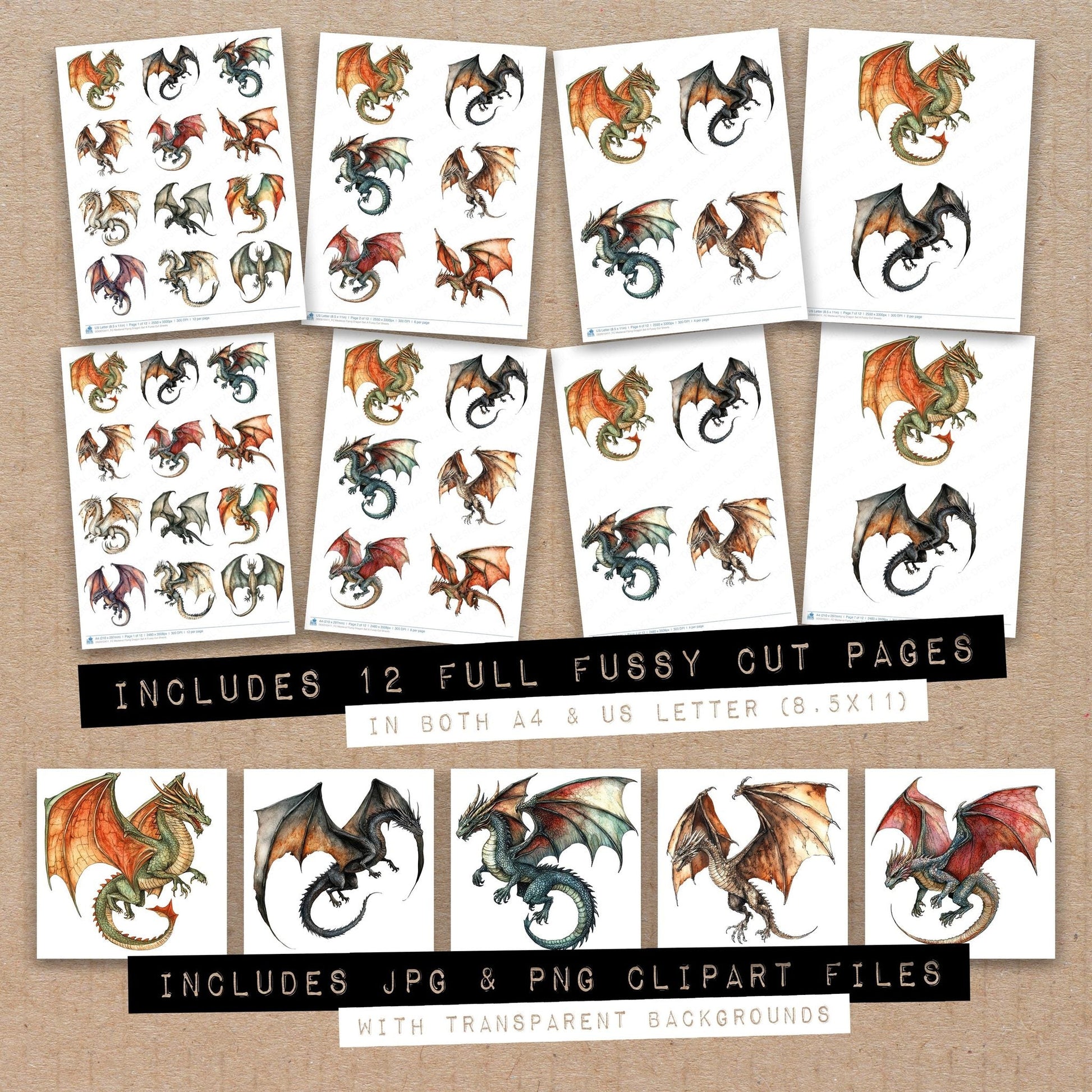 DDD010411_FC Medieval Flying Dragon Set A Fussy Cut Sheets