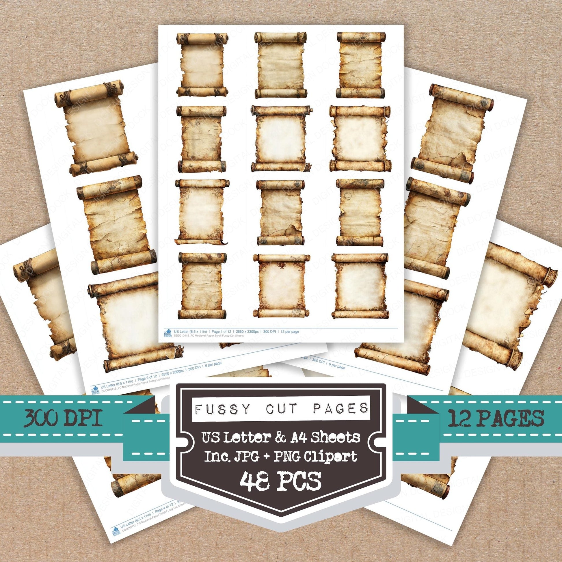 DDD010415_FC Medieval Paper Scroll Fussy Cut Sheets