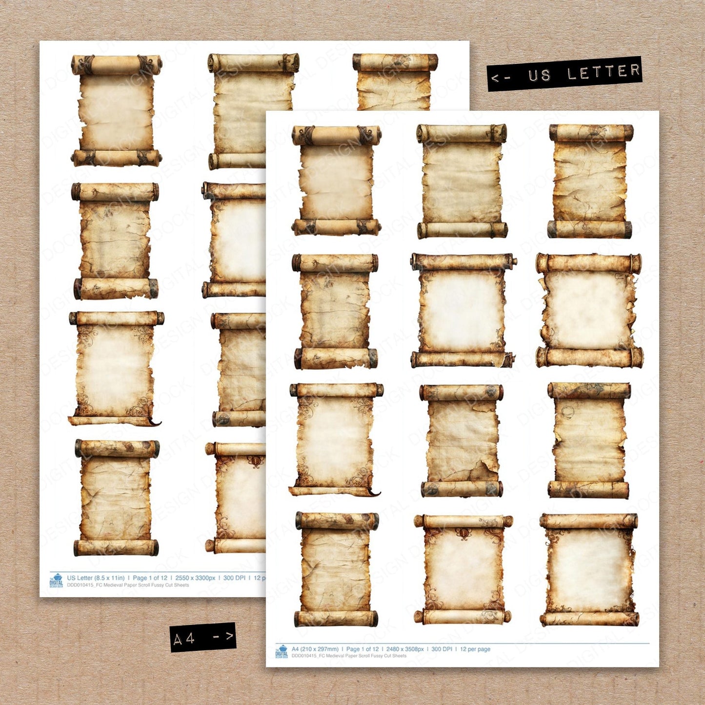 DDD010415_FC Medieval Paper Scroll Fussy Cut Sheets