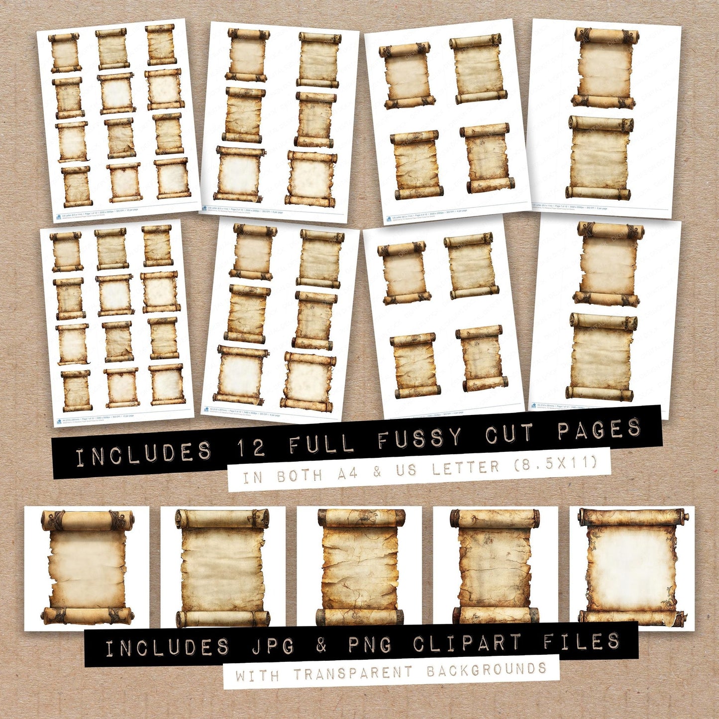 DDD010415_FC Medieval Paper Scroll Fussy Cut Sheets