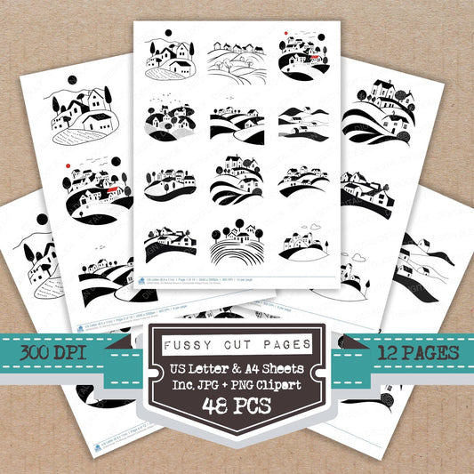 DDD010430_FC Minimal Abstract Countryside Village Fussy Cut Sheets