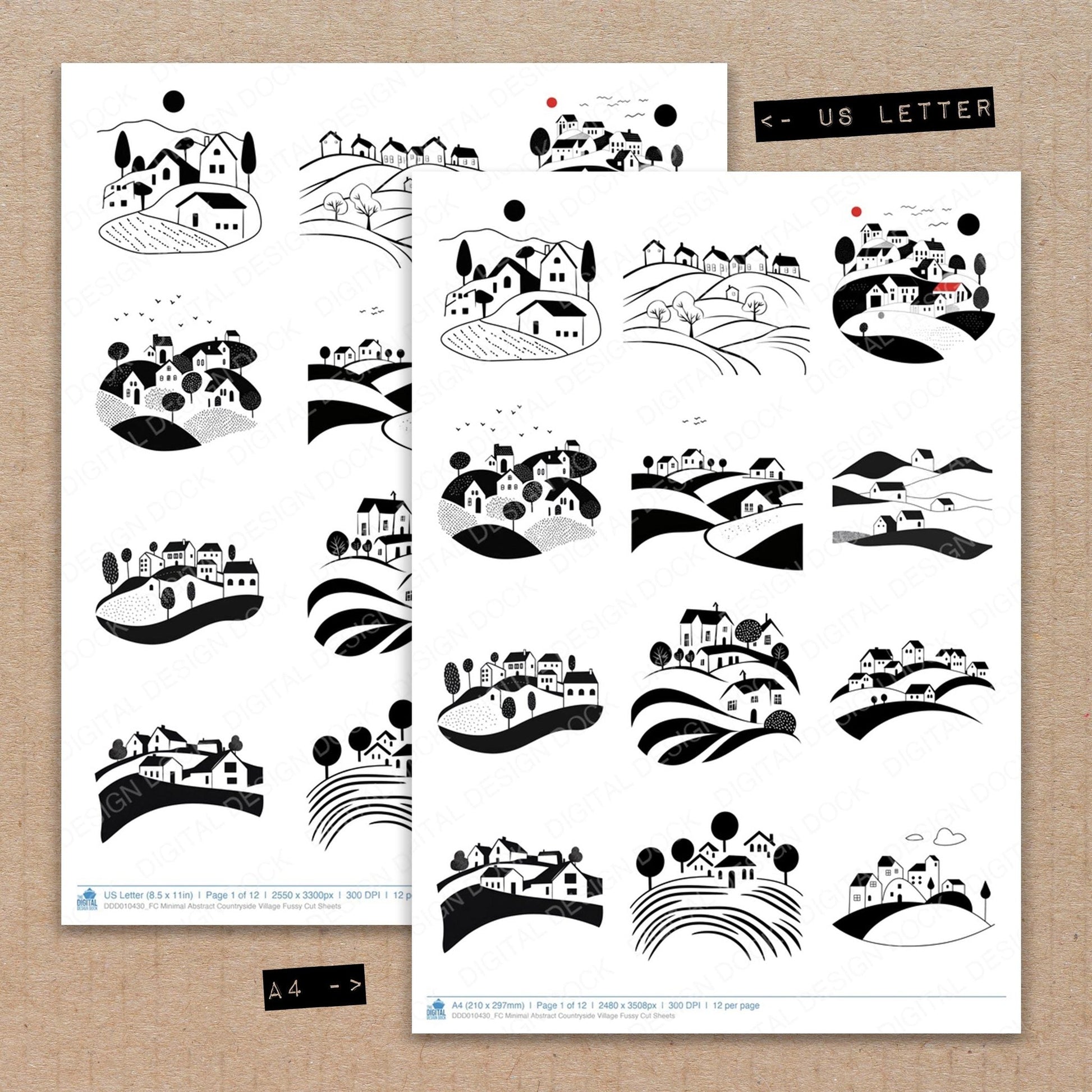 DDD010430_FC Minimal Abstract Countryside Village Fussy Cut Sheets
