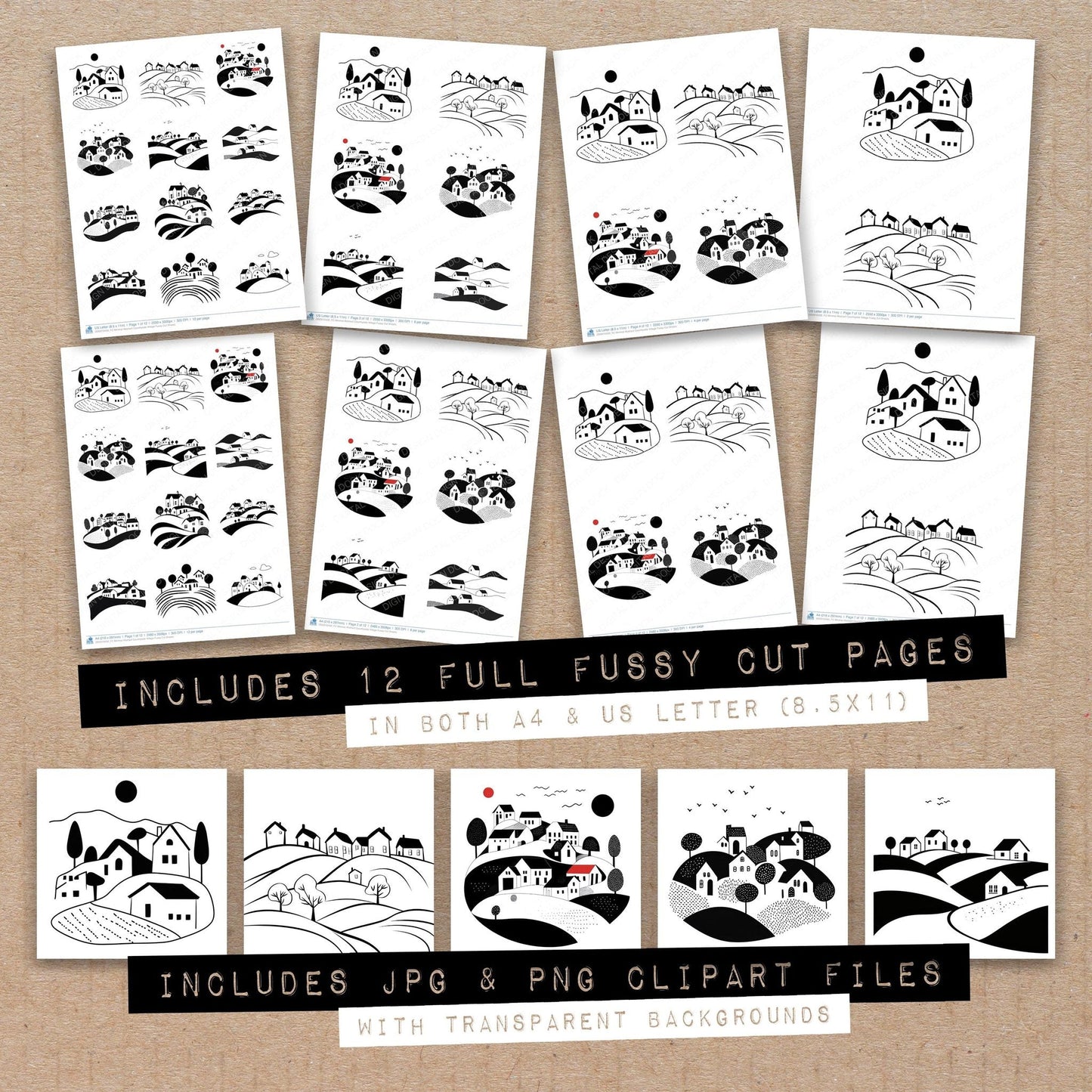 DDD010430_FC Minimal Abstract Countryside Village Fussy Cut Sheets