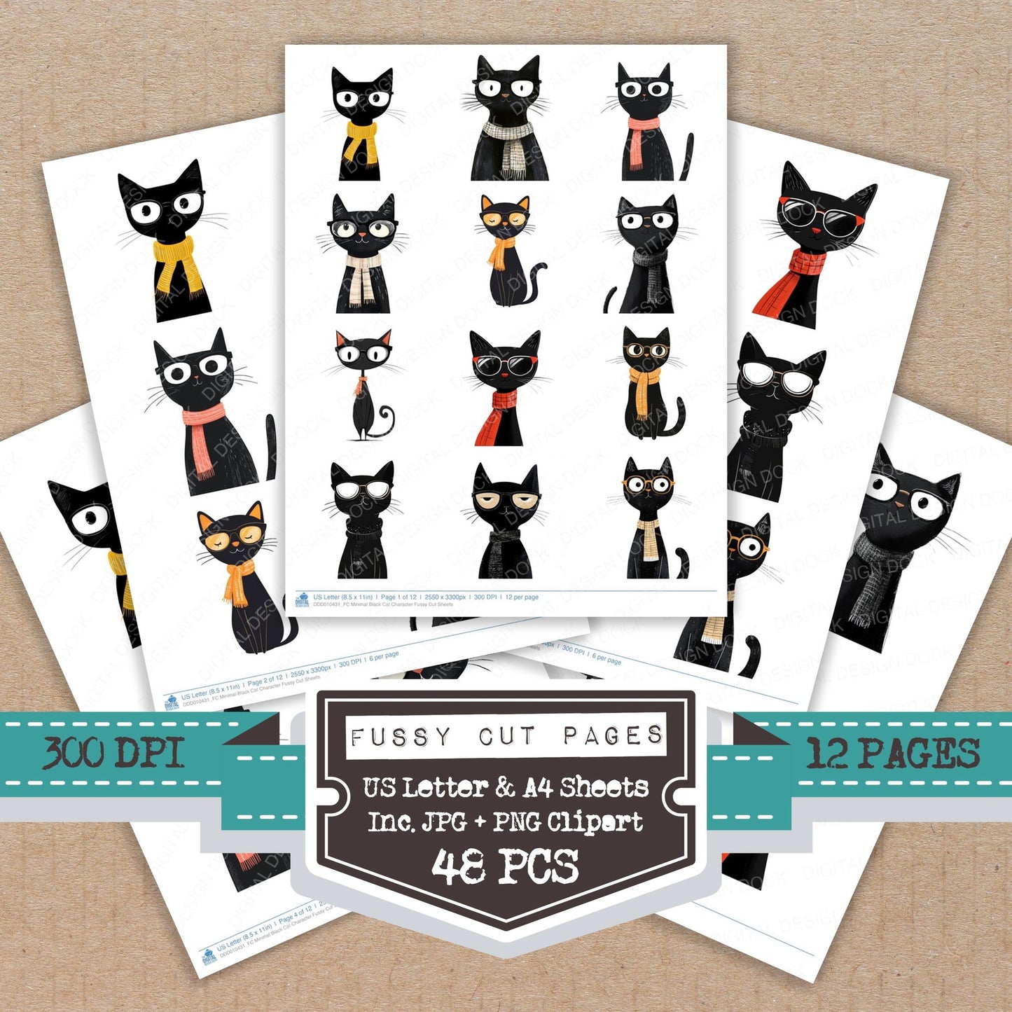 Minimal Black Cat Character Fussy Cut Sheets (DDD010431)