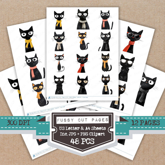 Minimal Black Cat Character Fussy Cut Sheets (DDD010431)