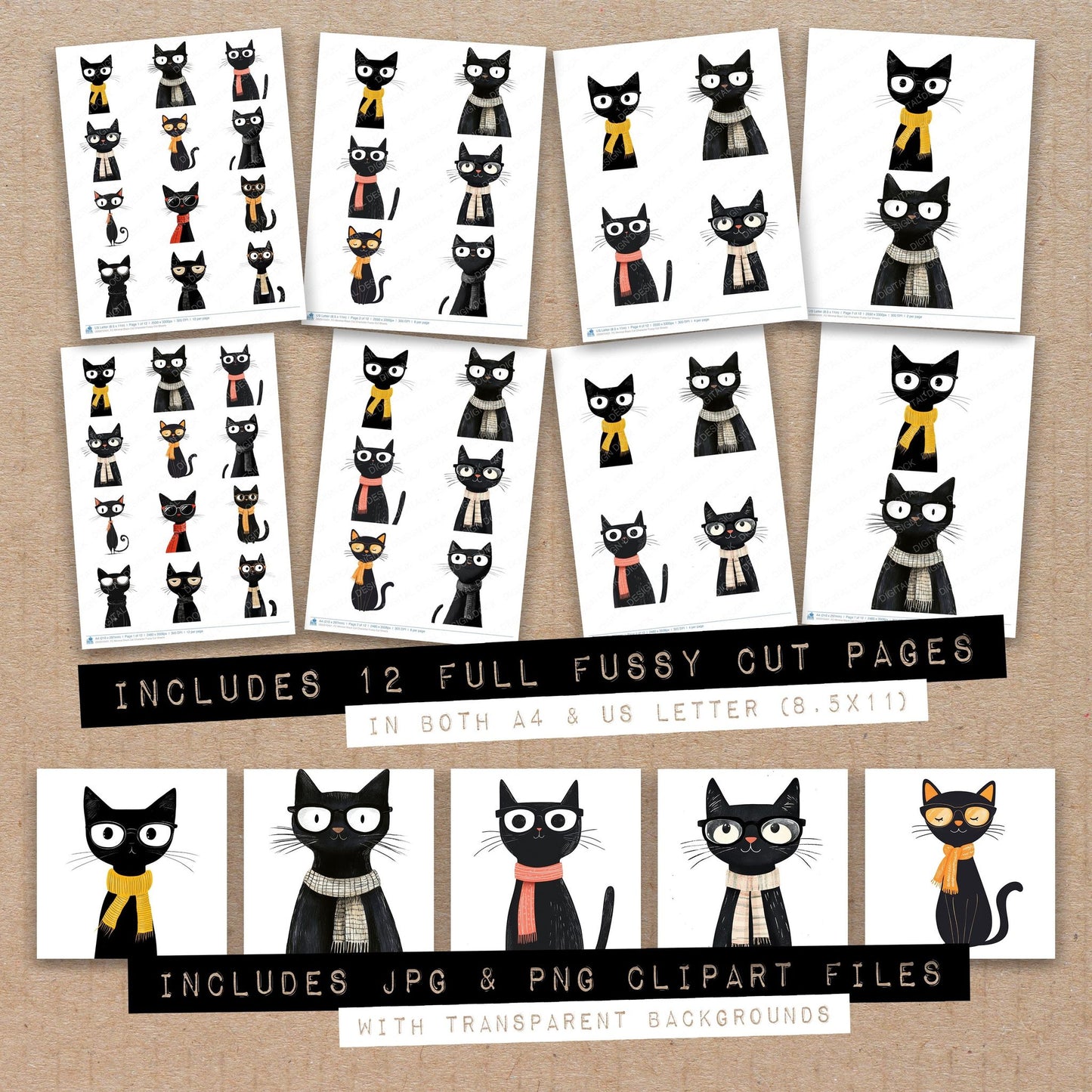 Minimal Black Cat Character Fussy Cut Sheets (DDD010431)