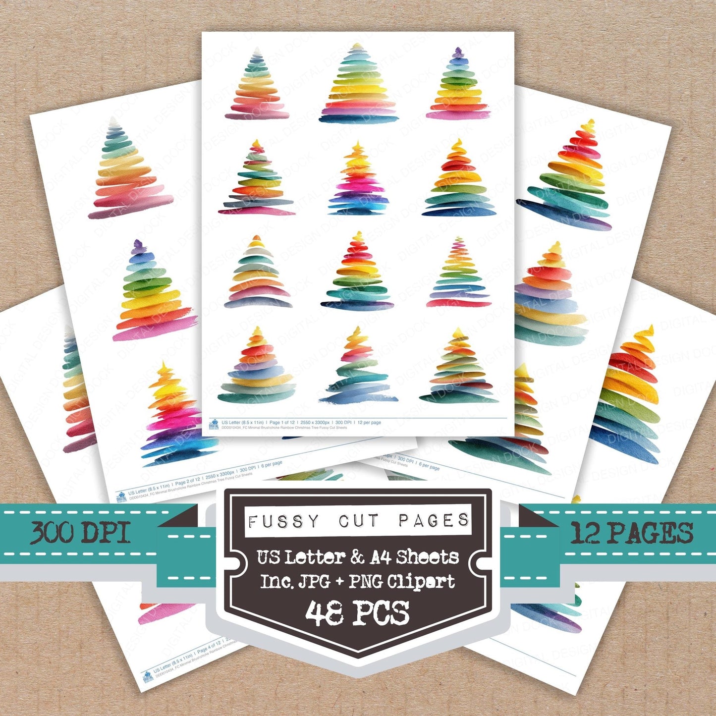 DDD010434_FC Minimal Brushstroke Rainbow Christmas Tree Fussy Cut Sheets