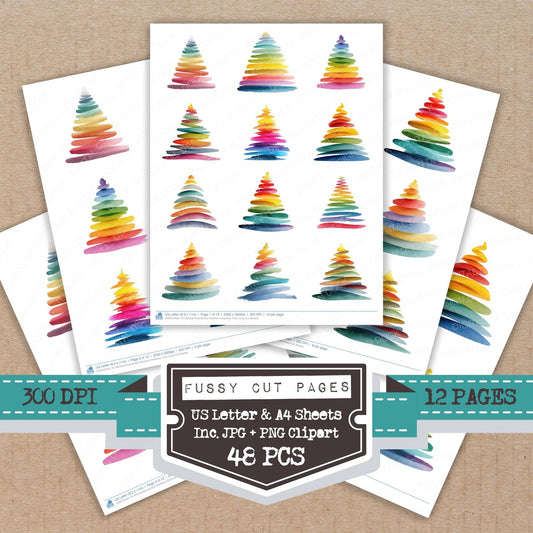 DDD010434_FC Minimal Brushstroke Rainbow Christmas Tree Fussy Cut Sheets
