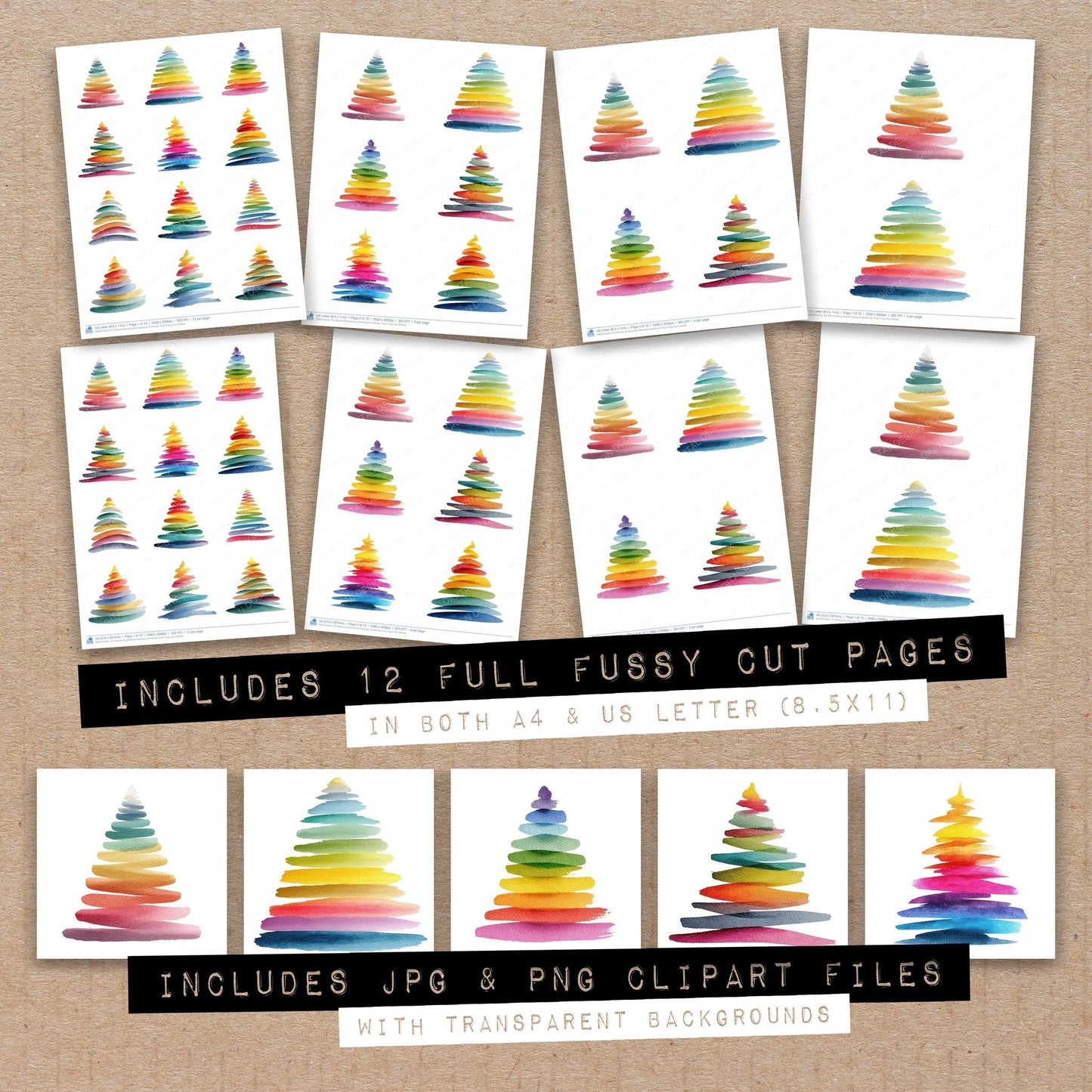 DDD010434_FC Minimal Brushstroke Rainbow Christmas Tree Fussy Cut Sheets