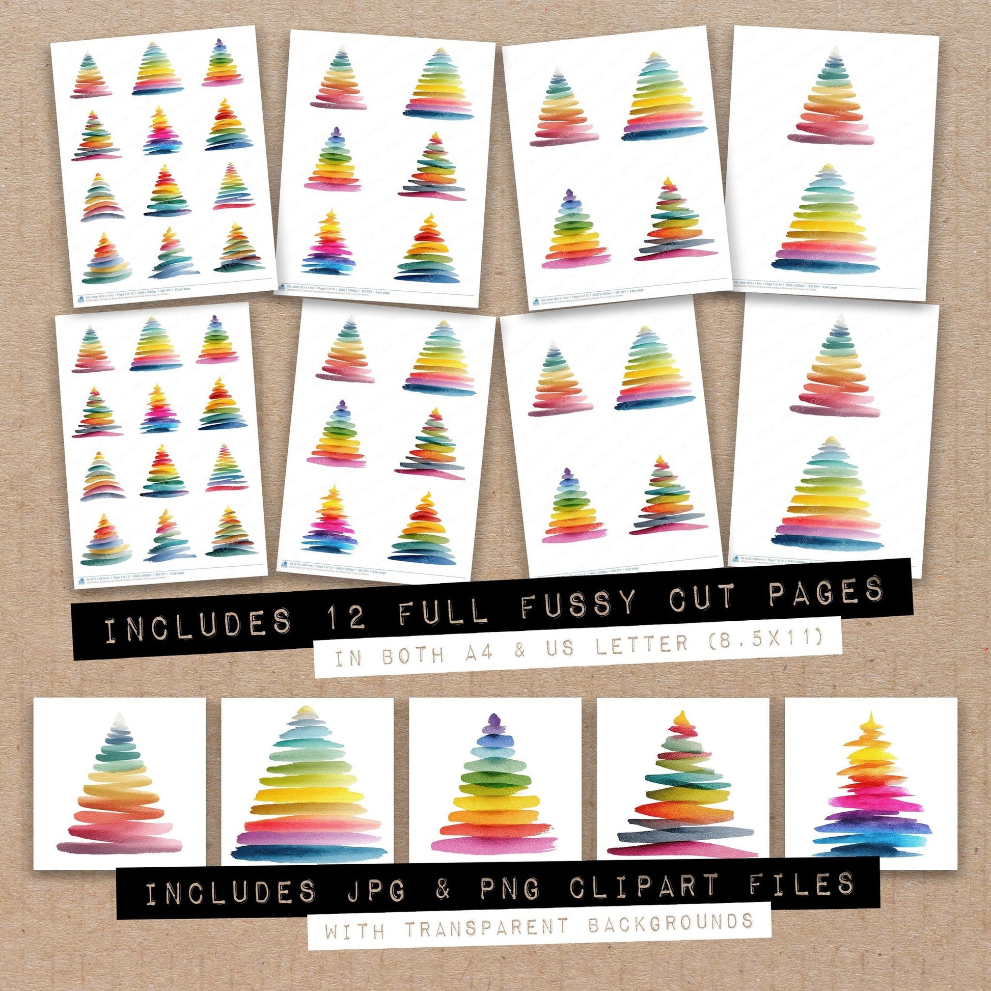 DDD010434_FC Minimal Brushstroke Rainbow Christmas Tree Fussy Cut Sheets