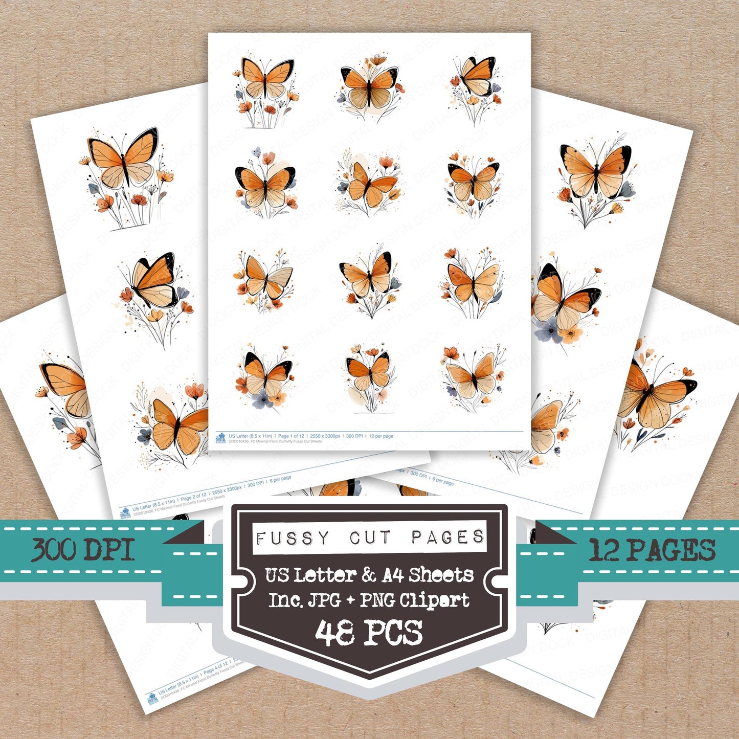 Minimal Floral Butterfly Fussy Cut Sheets (DDD010436)