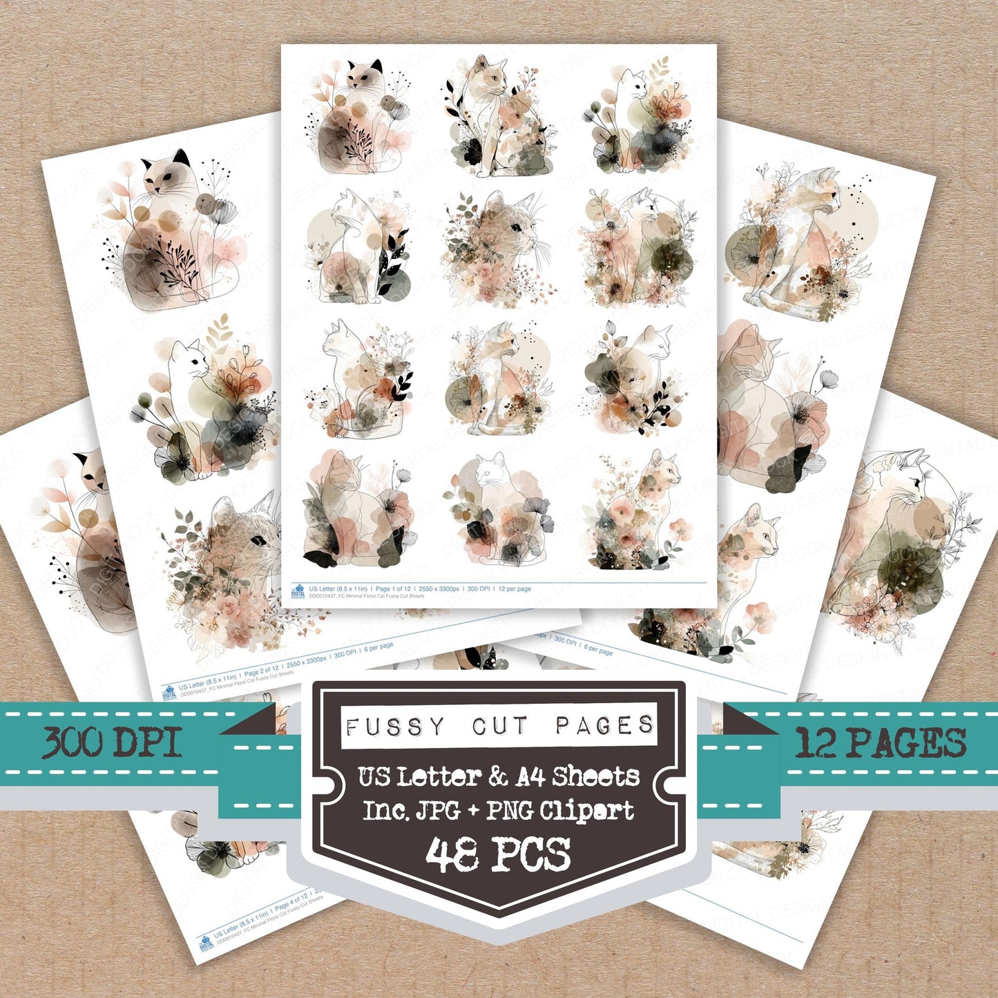 Minimal Floral Cat Fussy Cut Sheets (DDD010437)