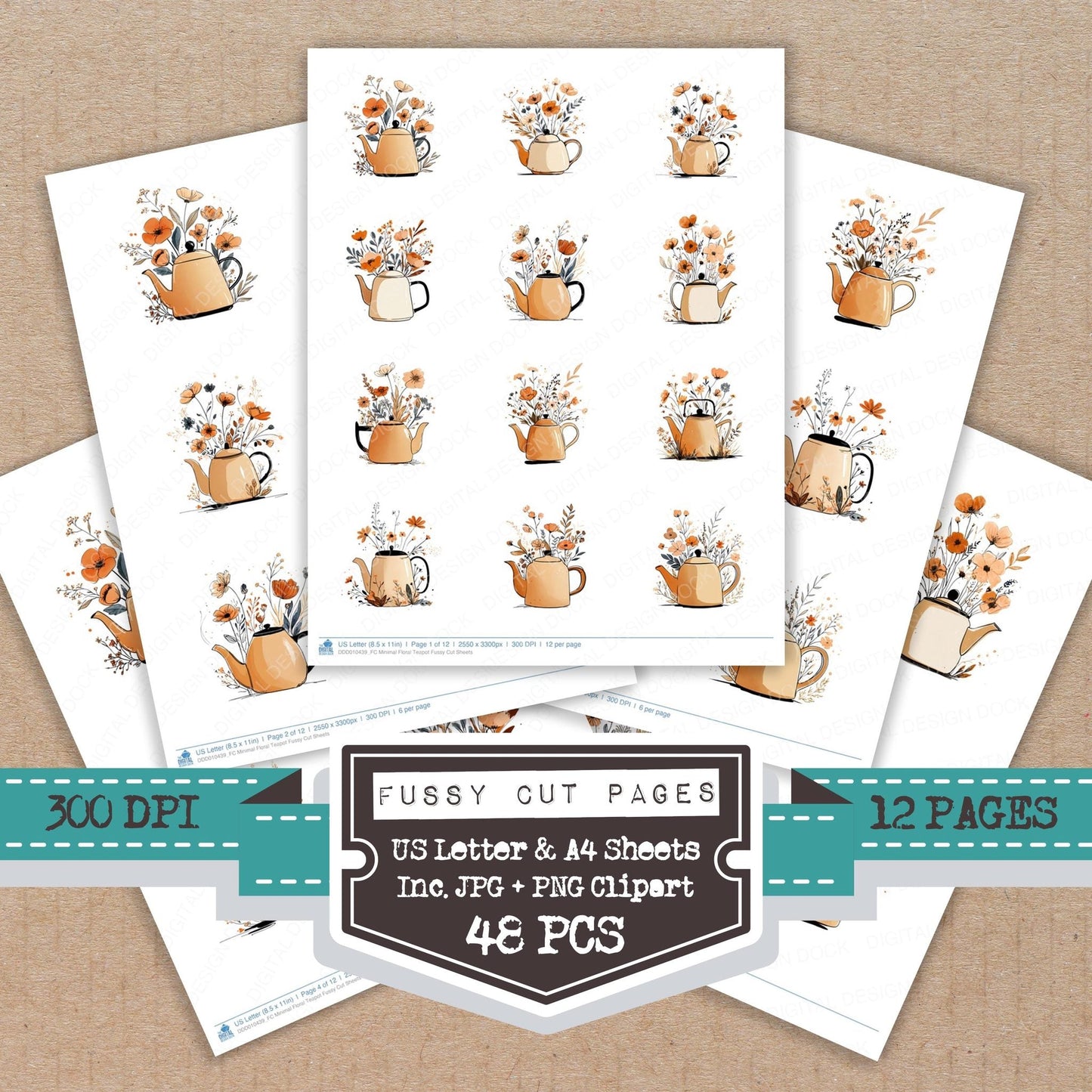 DDD010439_FC Minimal Floral Teapot Fussy Cut Sheets