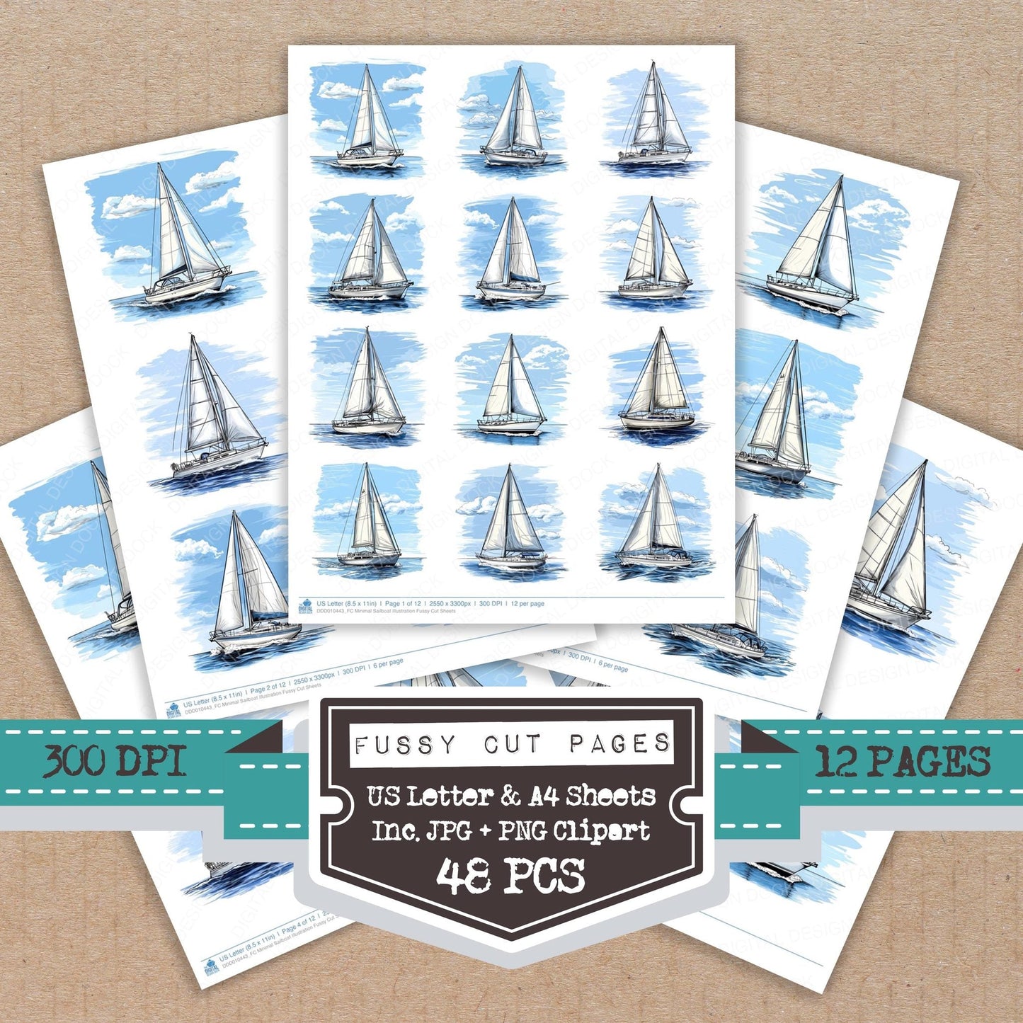 DDD010443_FC Minimal Sailboat Illustration Fussy Cut Sheets