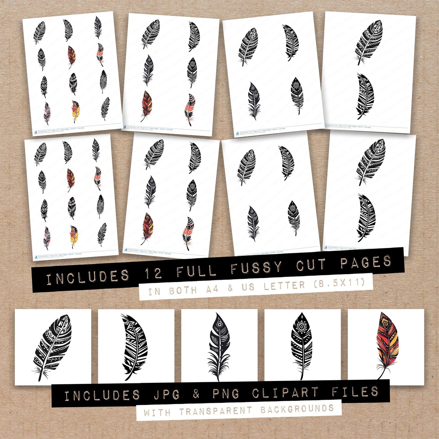 Minimal Tribal Feather Fussy Cut Sheets (DDD010444)