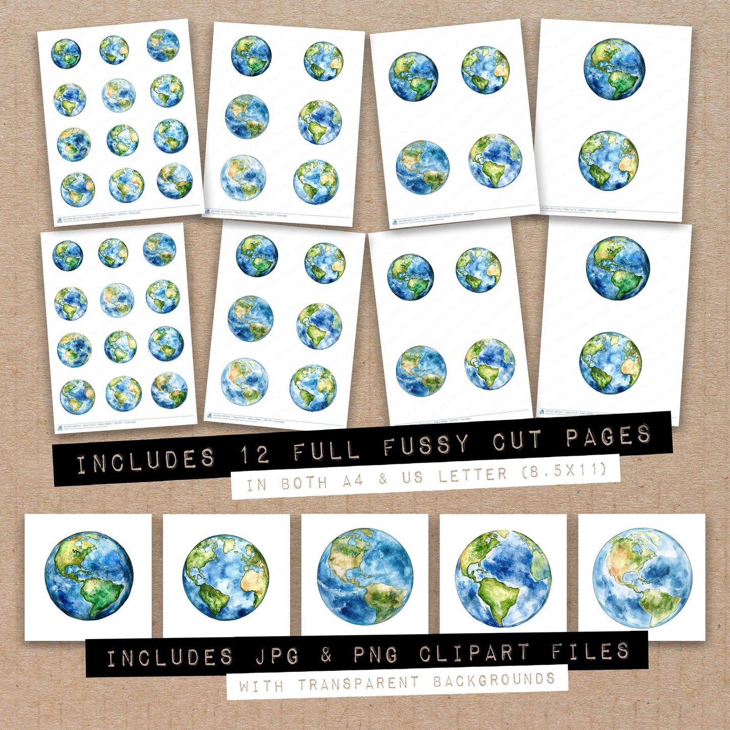 Minimal Watercolor Earth Fussy Cut Sheets (DDD010445)