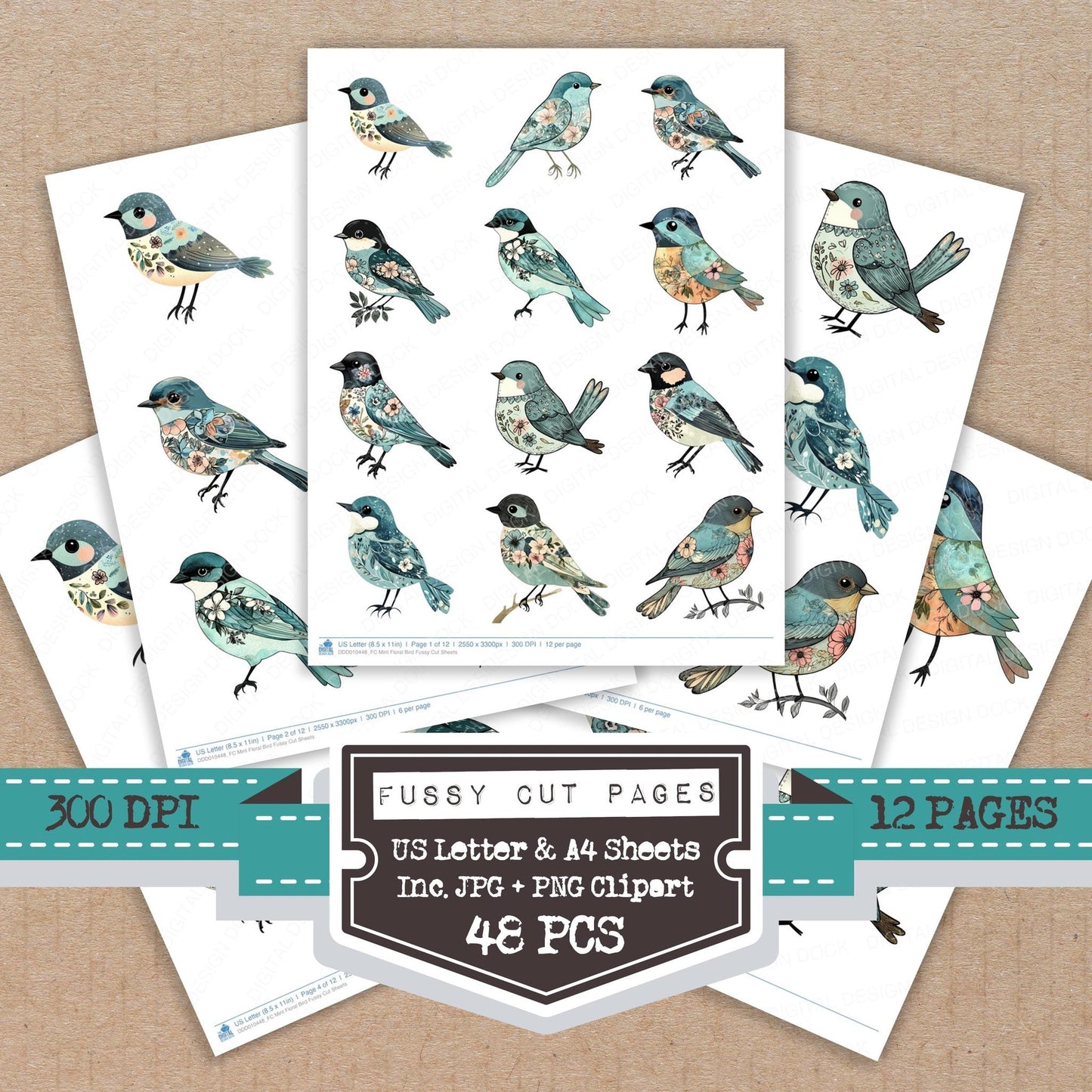 DDD010448_FC Mint Floral Bird Fussy Cut Sheets