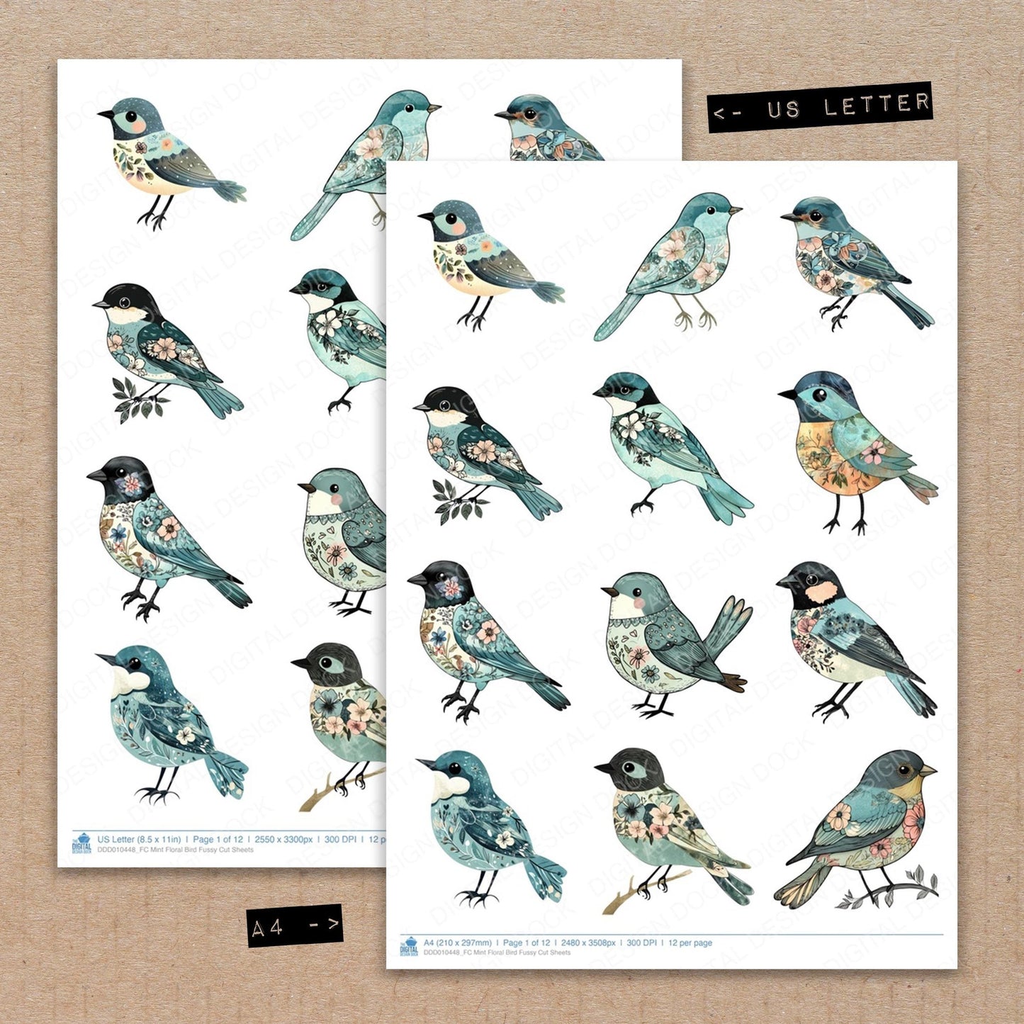 DDD010448_FC Mint Floral Bird Fussy Cut Sheets