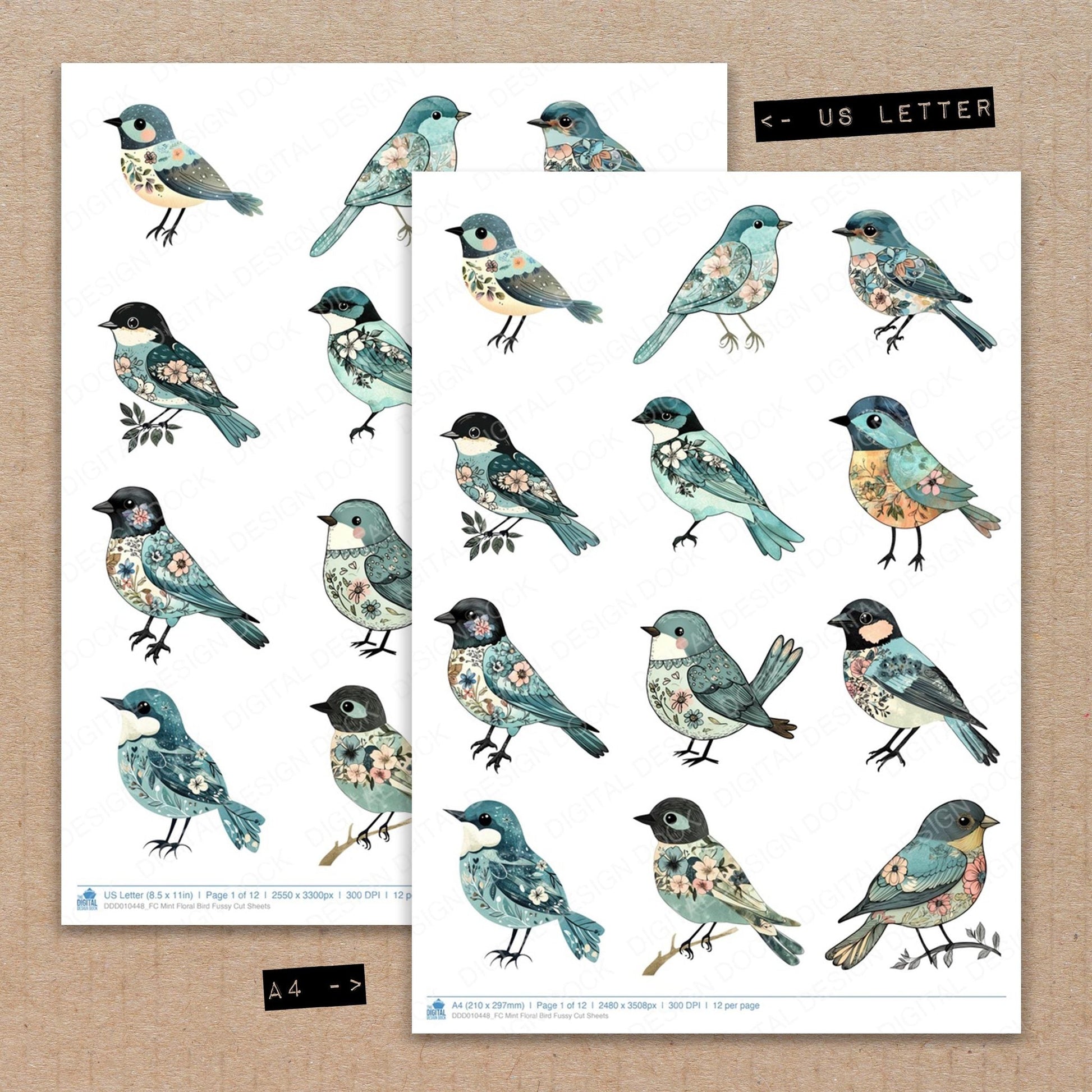 DDD010448_FC Mint Floral Bird Fussy Cut Sheets