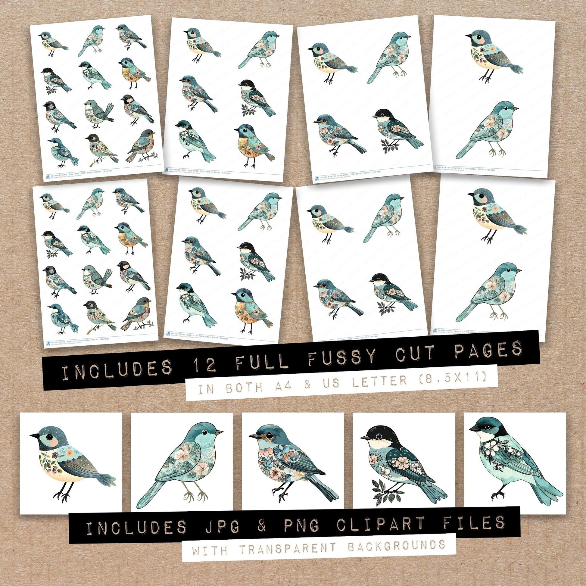 DDD010448_FC Mint Floral Bird Fussy Cut Sheets