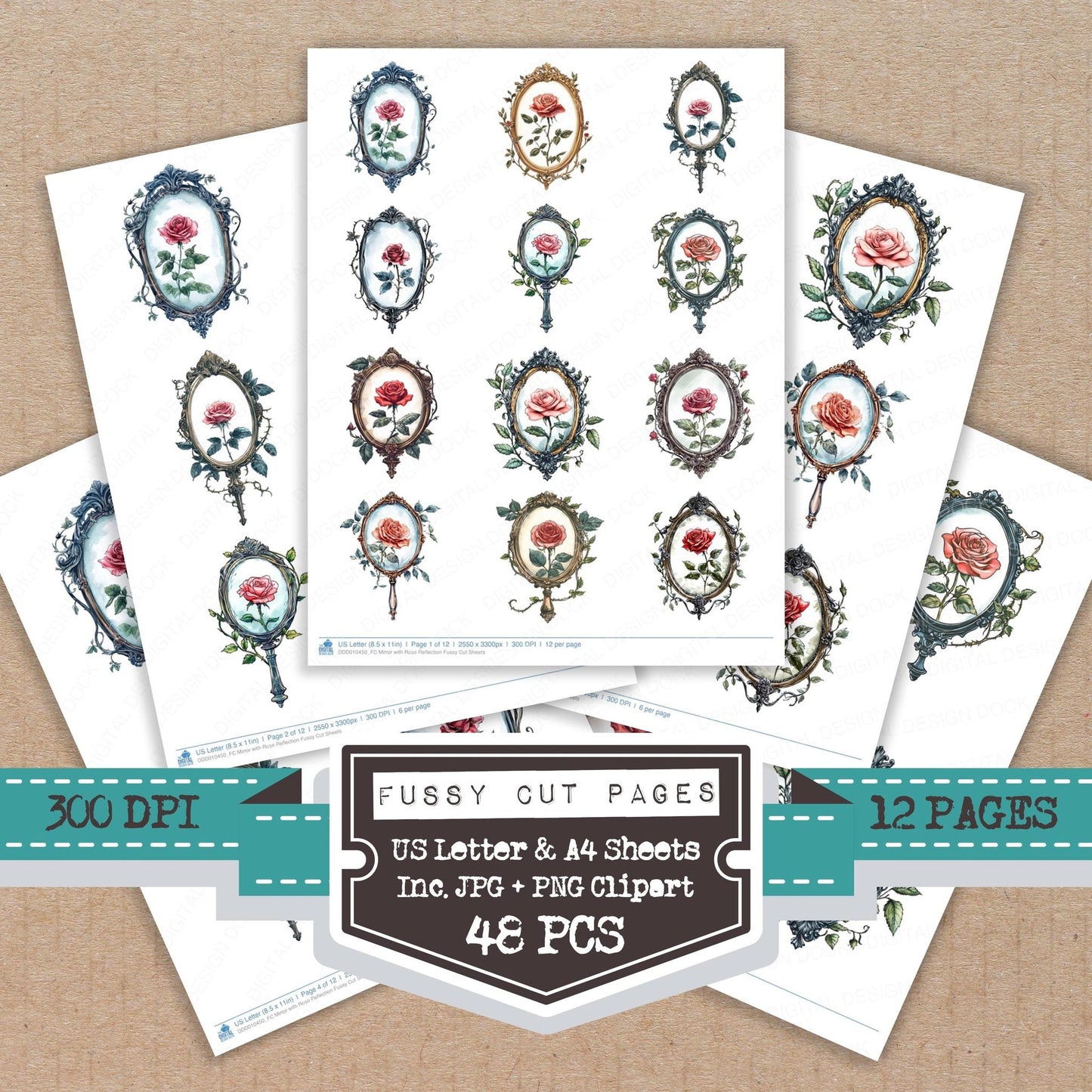 DDD010450_FC Mirror with Rose Reflection Fussy Cut Sheets