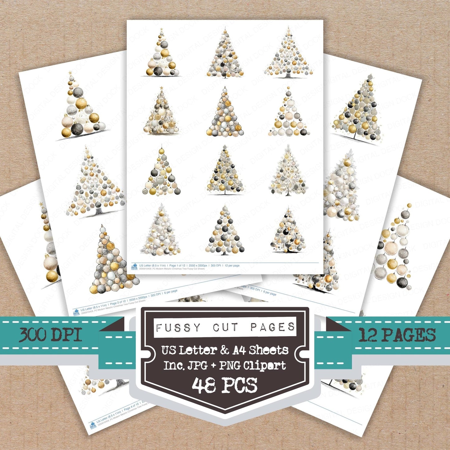 DDD010459_FC Modern Metallic Christmas Tree Fussy Cut Sheets