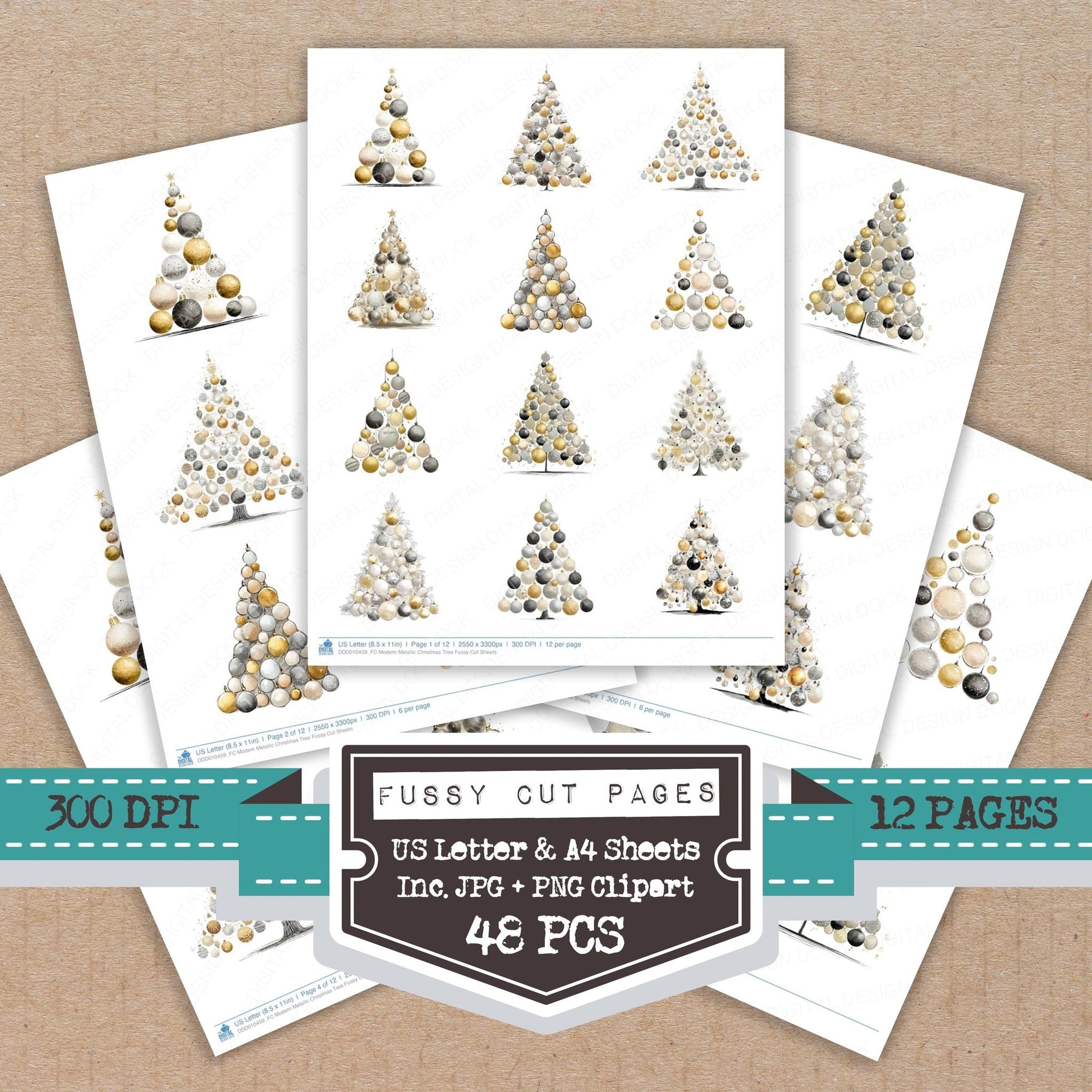 DDD010459_FC Modern Metallic Christmas Tree Fussy Cut Sheets