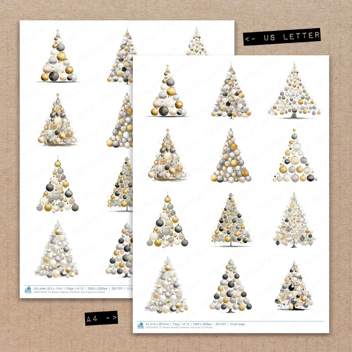 DDD010459_FC Modern Metallic Christmas Tree Fussy Cut Sheets