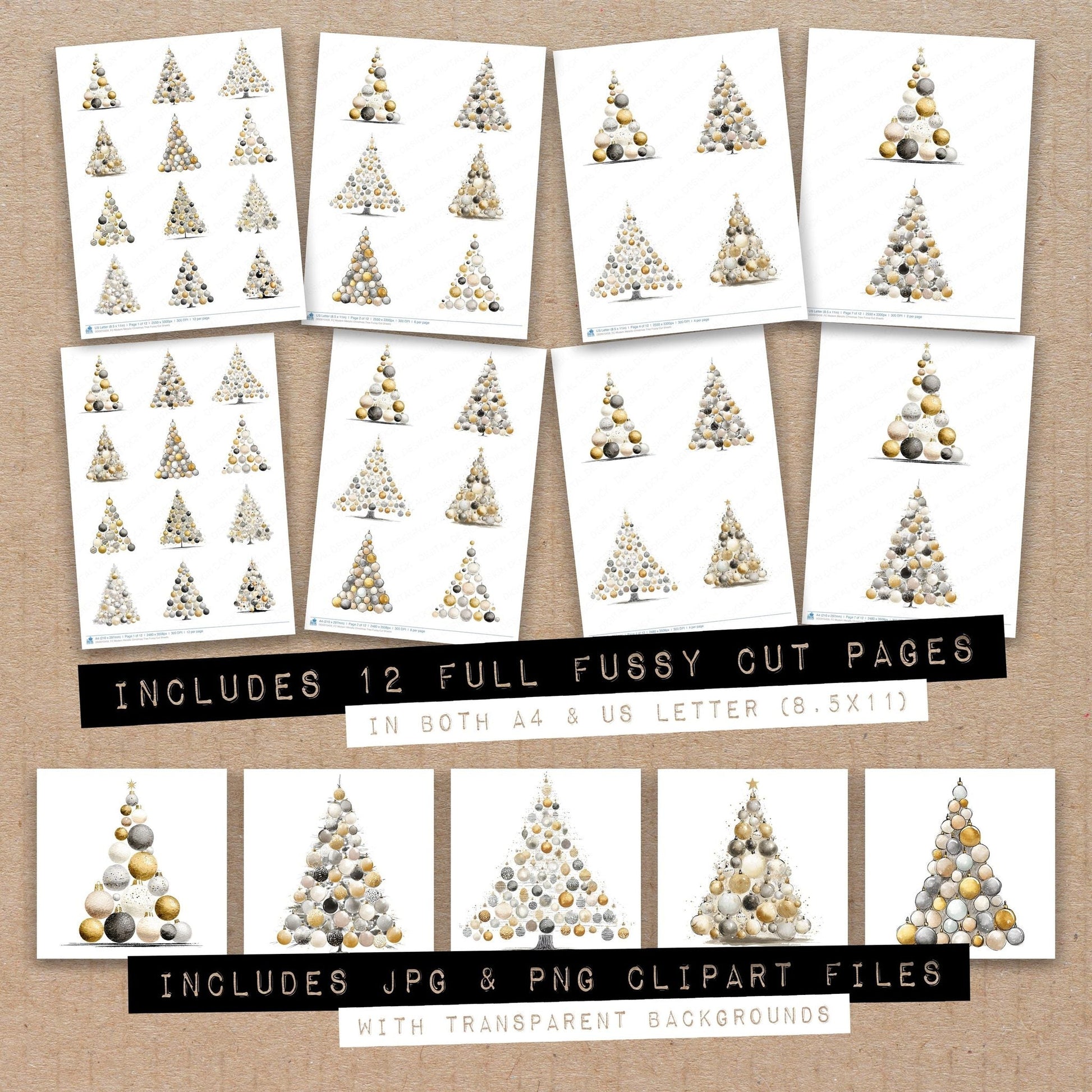DDD010459_FC Modern Metallic Christmas Tree Fussy Cut Sheets