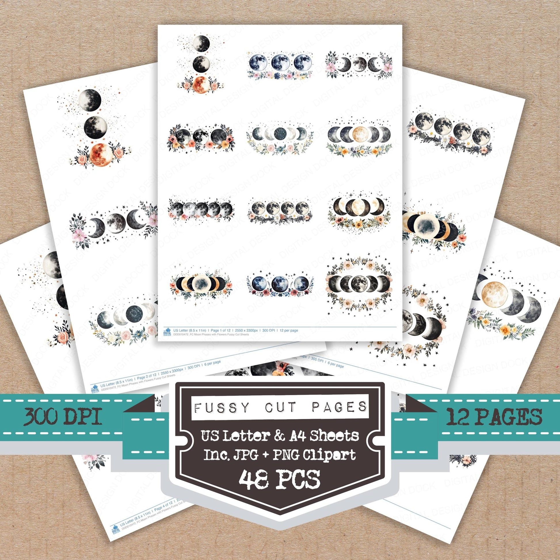 DDD010472_FC Moon Phases with Flowers Fussy Cut Sheets