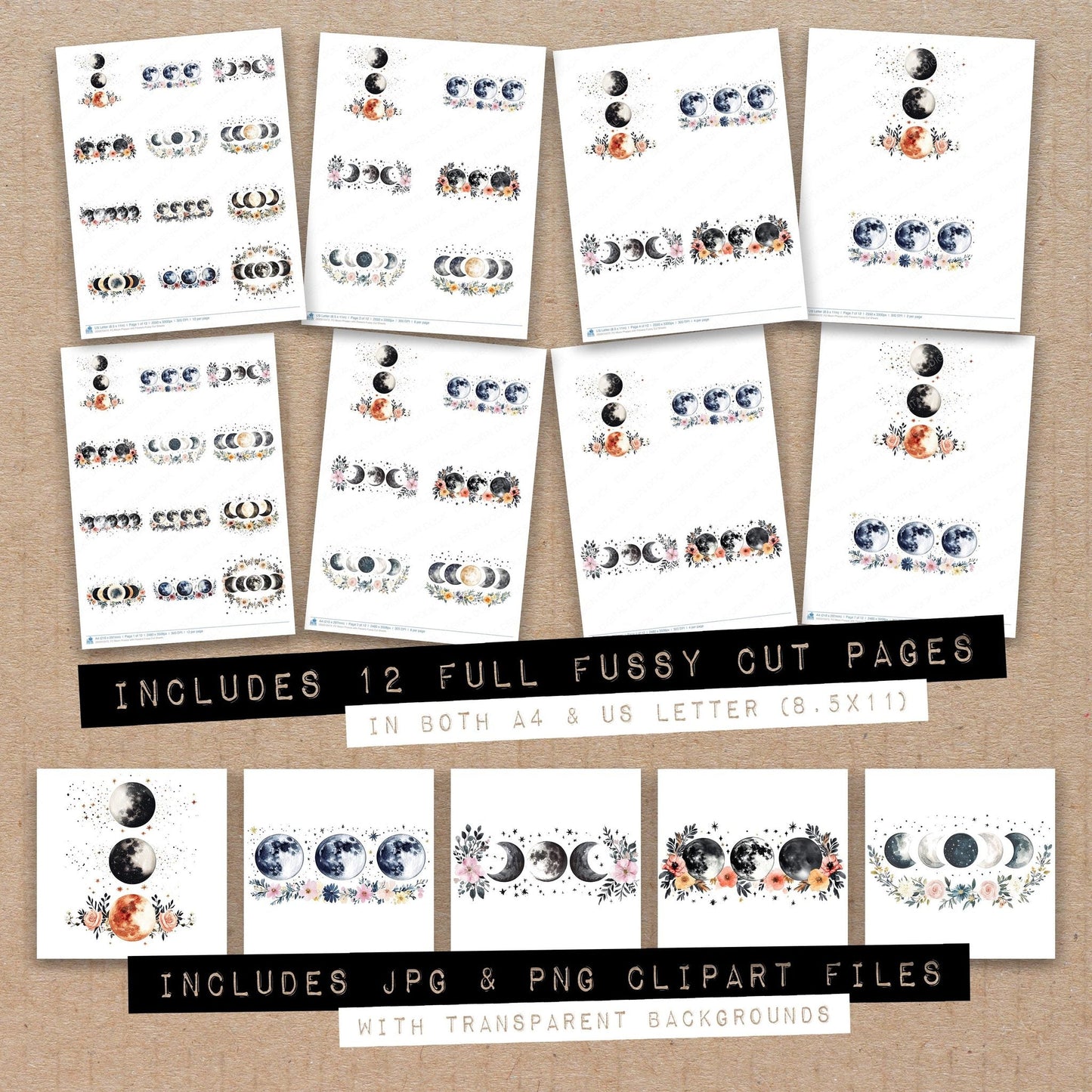 DDD010472_FC Moon Phases with Flowers Fussy Cut Sheets