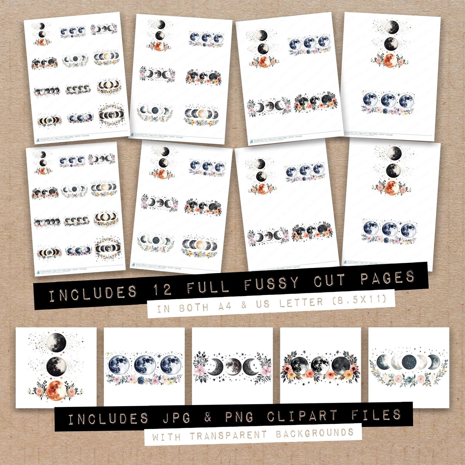 DDD010472_FC Moon Phases with Flowers Fussy Cut Sheets