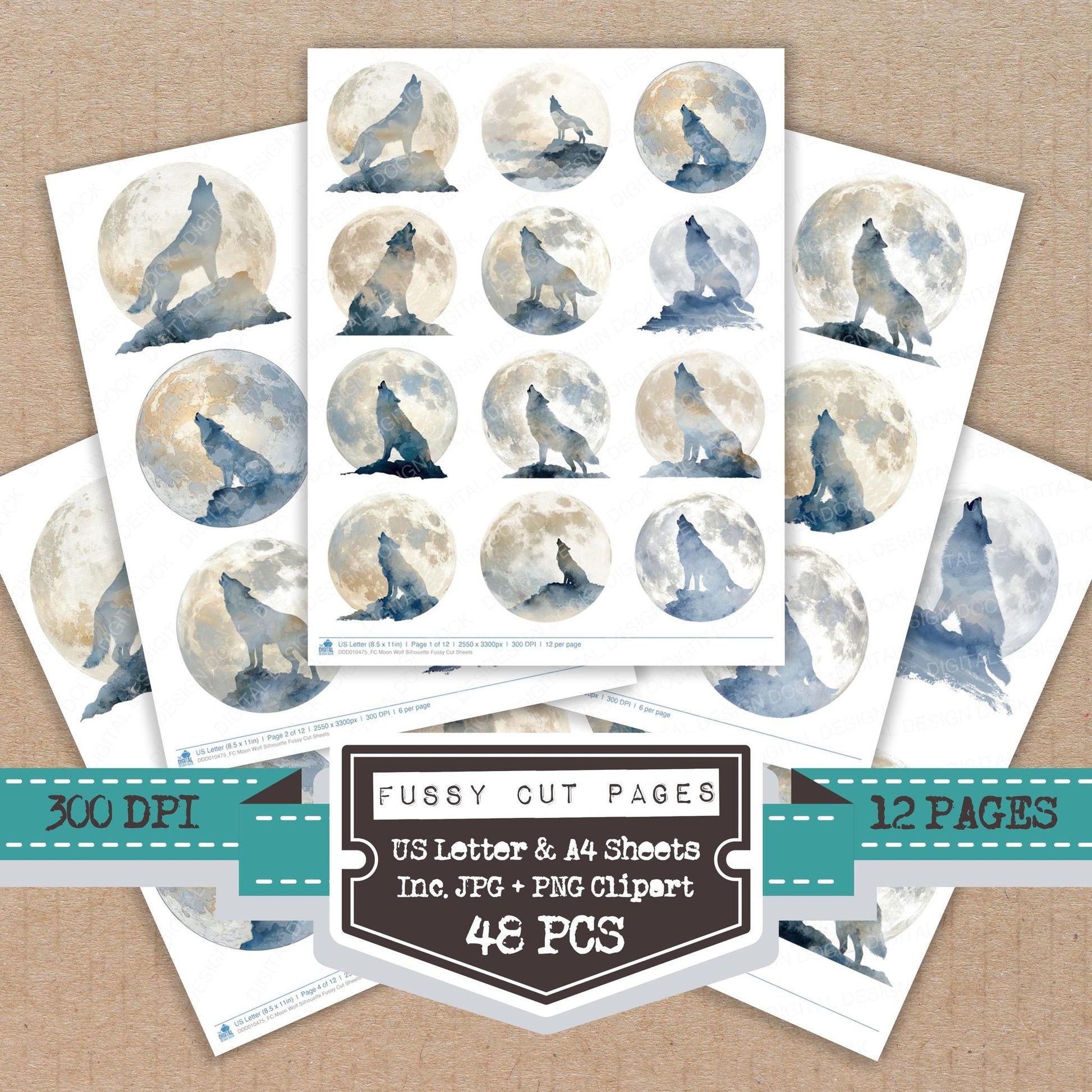 DDD010475_FC Moon Wolf Silhouette Fussy Cut Sheets