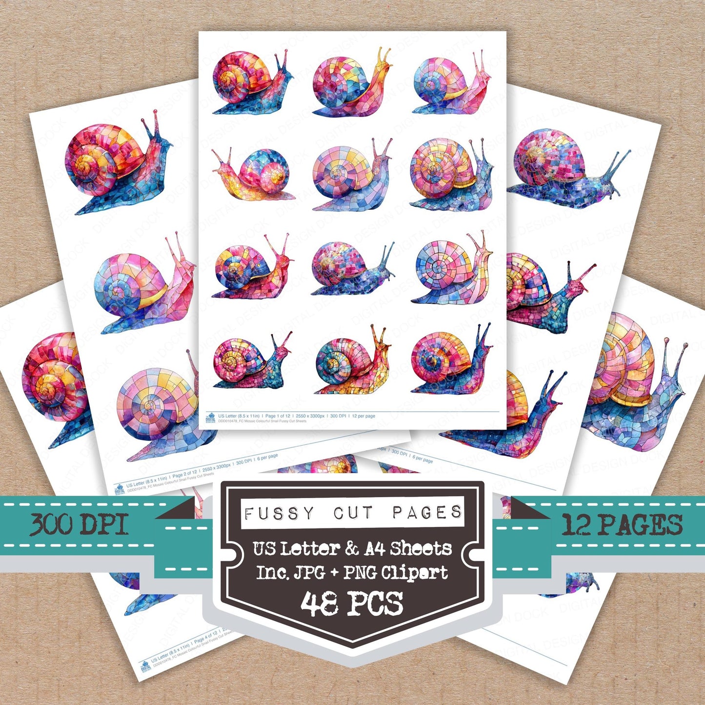Mosaic Colourful Snail Fussy Cut Sheets (DDD010478)