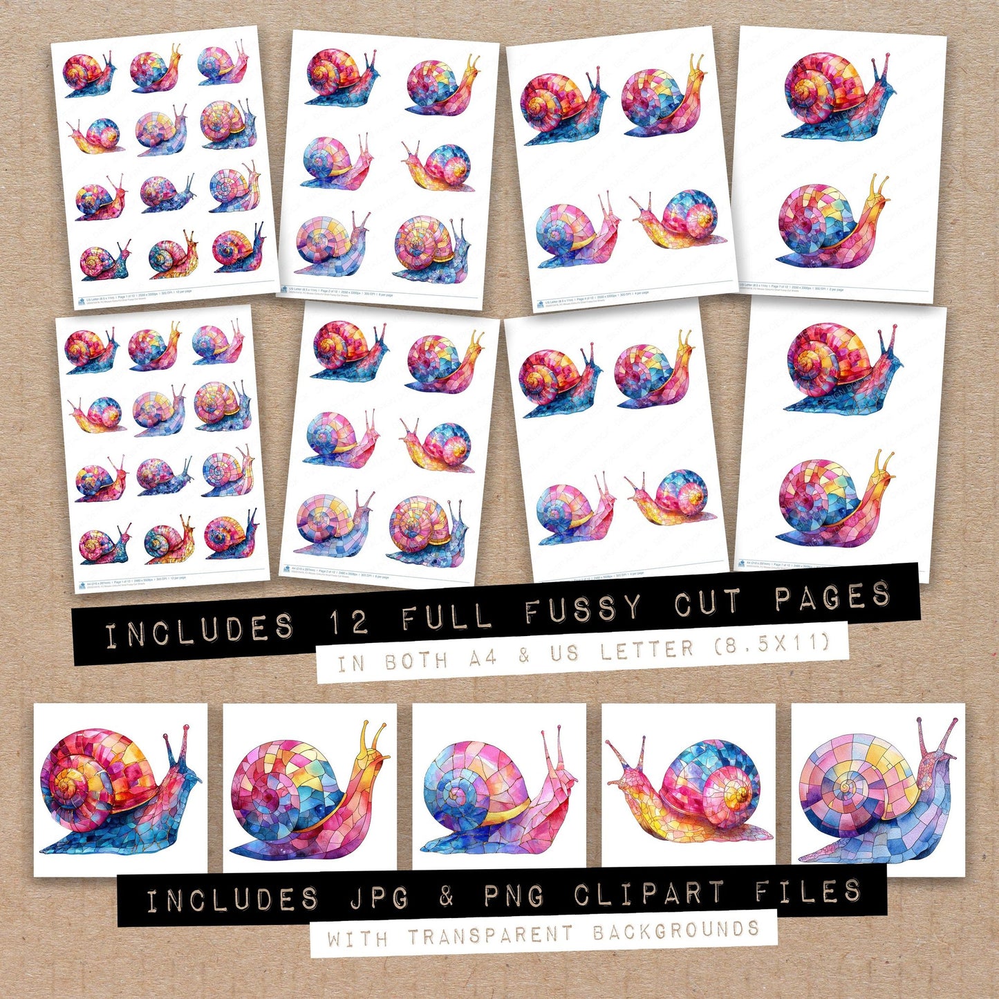 Mosaic Colourful Snail Fussy Cut Sheets (DDD010478)