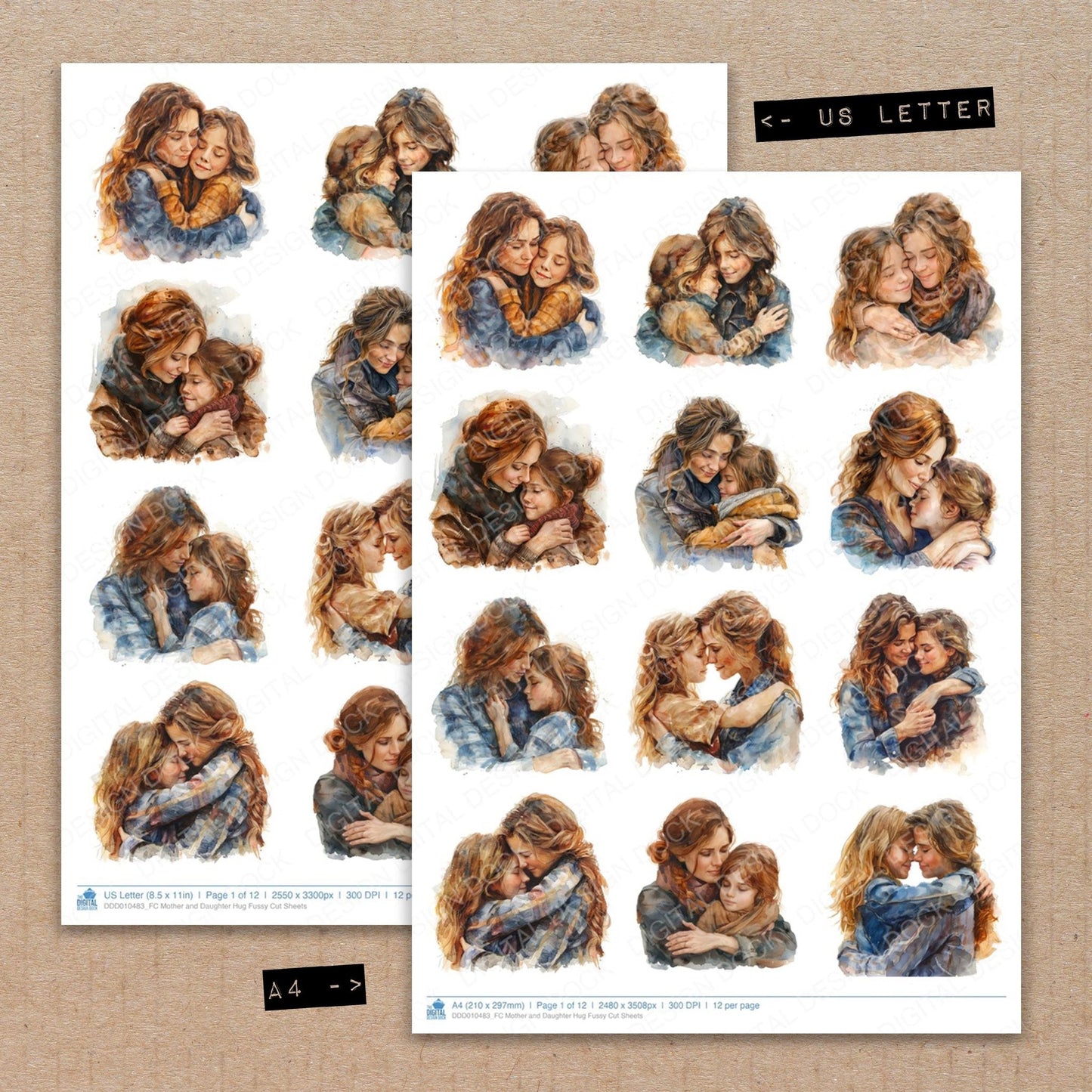 DDD010483_FC Mother and Daughter Hug Fussy Cut Sheets