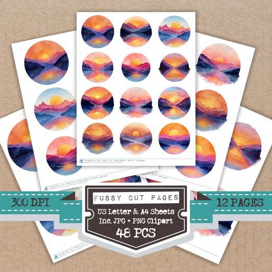 DDD010485_FC Mountain Lake Sunset Scene Fussy Cut Sheets