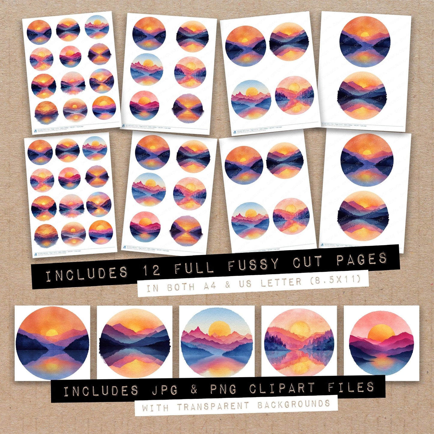 DDD010485_FC Mountain Lake Sunset Scene Fussy Cut Sheets