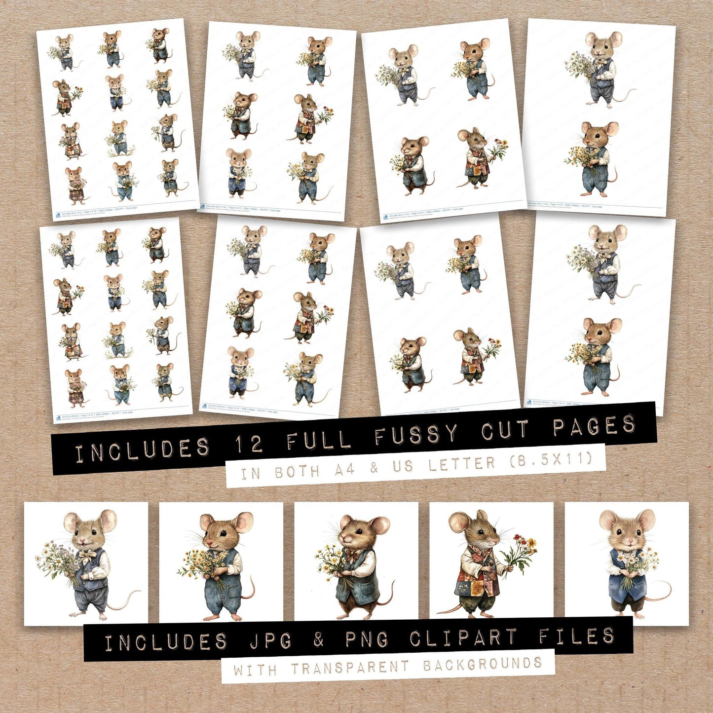 DDD010487_FC Mouse Holding Flowers Fussy Cut Sheets