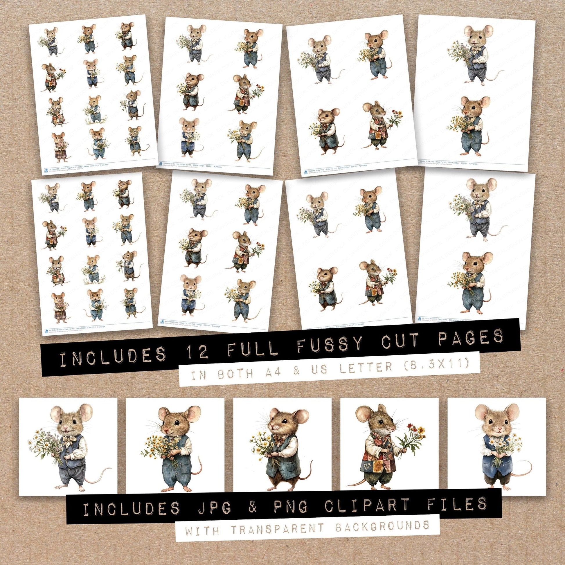DDD010487_FC Mouse Holding Flowers Fussy Cut Sheets