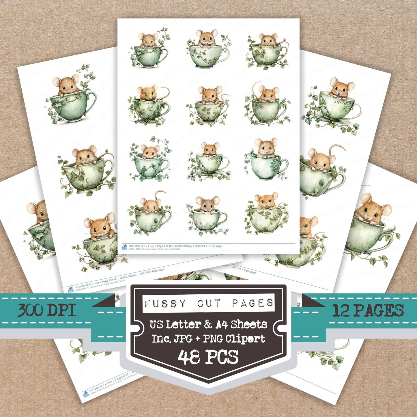 Mouse in Ivy Teacup Fussy Cut Sheets (DDD010488)
