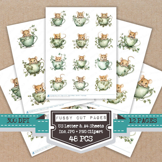 Mouse in Ivy Teacup Fussy Cut Sheets (DDD010488)