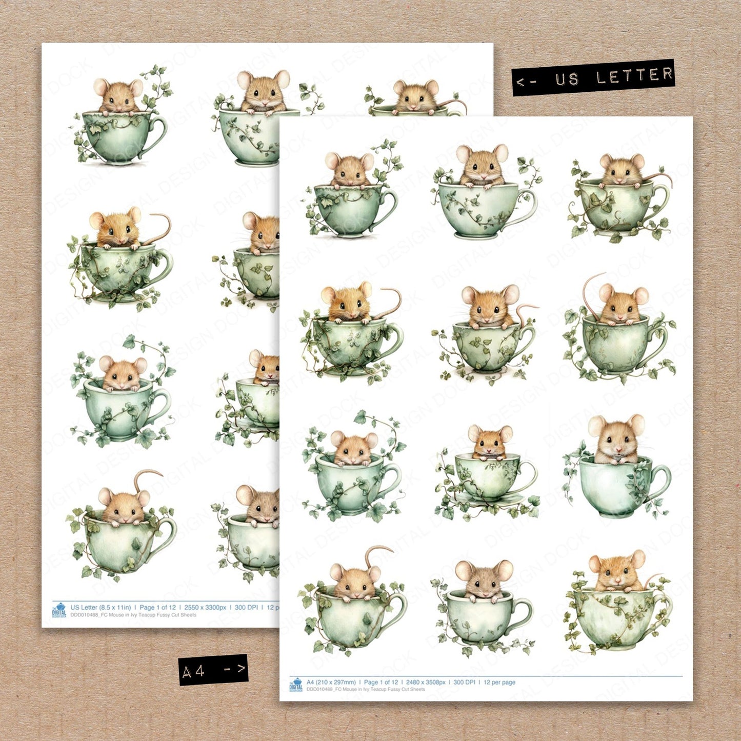 Mouse in Ivy Teacup Fussy Cut Sheets (DDD010488)